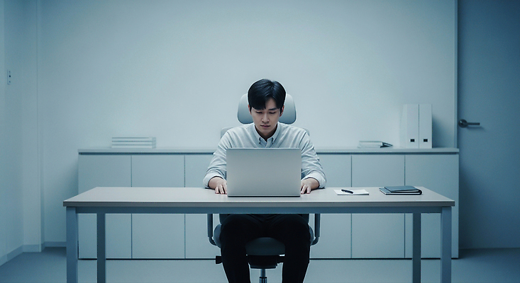 JPG 편집이미지 남자 의자 조명 피곤 컴퓨터 사무실 환경 스크린 고요 키보드 작업 분위기 집중 책상 모던 만성피로 의료성형뷰티 차분 편집실사 AI인물포토 AI콘텐츠 가구 컨셉 비즈니스 사람 전자제품 CG 파일형식 AI포토