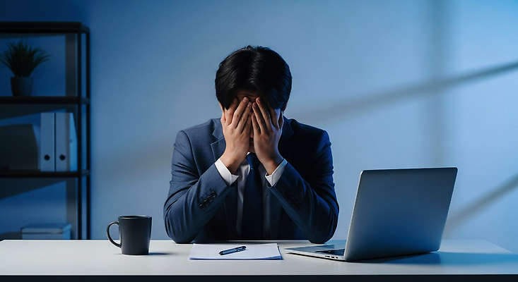 JPG 편집이미지 남자 얼굴 커피 스트레스 피곤 노트북 사무실 고통 작업 전문직 불안 집중 긴장 만성피로 의료성형뷰티 편집실사 AI인물포토 AI콘텐츠 직업 감정 음료 컨셉 비즈니스 사람 신체부위 전자제품 CG 파일형식 AI포토