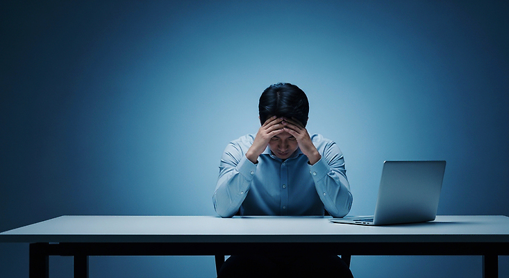 JPG 편집이미지 남자 감정 생각 탁자 스트레스 피곤 노트북 빛 머리 시간 작업 집중 고민 감싸기 만성피로 의료성형뷰티 편집실사 AI인물포토 AI콘텐츠 가구 컨셉 모션 사람 신체부위 전자제품 CG 파일형식 AI포토