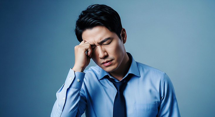 JPG 편집이미지 손 남자 감정 스트레스 표정 피곤 사무실 도시 작업 전문직 고민 파란배경 긴장 만성피로 이마 의료성형뷰티 편집실사 AI인물포토 AI콘텐츠 직업 백그라운드 컨셉 비즈니스 사람 신체부위 파란색 CG 파일형식 AI포토