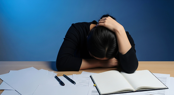 JPG 편집이미지 감정 스트레스 피곤 사람 사무실 필기구 업무 작업 저녁 불안 집중 고민 문서 소음 만성피로 혼란 의료성형뷰티 편집실사 AI인물포토 AI콘텐츠 컨셉 비즈니스 문구용품 소리 야간 CG 파일형식 AI포토