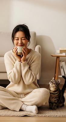 JPG 편집이미지 여자 커피 휴식 주택 따뜻함 사랑 미소 일상 반려동물 소파 고양이 편안함 즐거움 습관 의료성형뷰티 편집실사 AI인물포토 AI콘텐츠 동물 감정 음료 컨셉 의자 포유류 표정 사람 건물 라이프 감각 CG 파일형식 AI포토