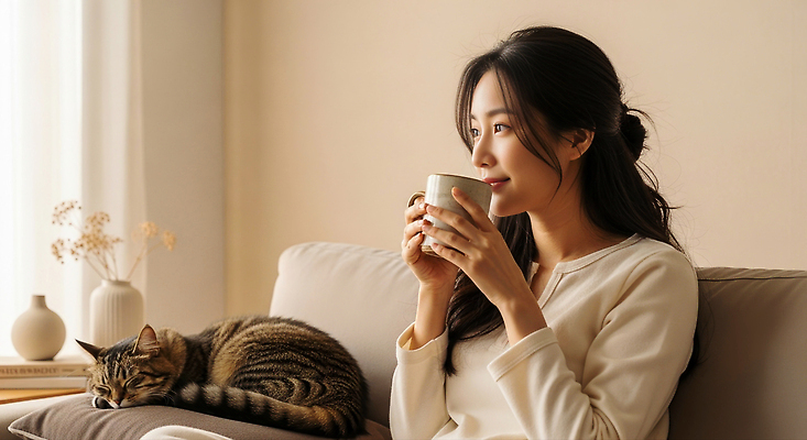 JPG 편집이미지 여자 아침 휴식 실내 일상 반려동물 소파 평화 고양이 편안함 찻잔 오후 차마시기 의료성형뷰티 편집실사 AI인물포토 AI콘텐츠 주간 동물 컨셉 의자 포유류 잔 사람 내부 라이프 마시기 감각 CG 파일형식 AI포토