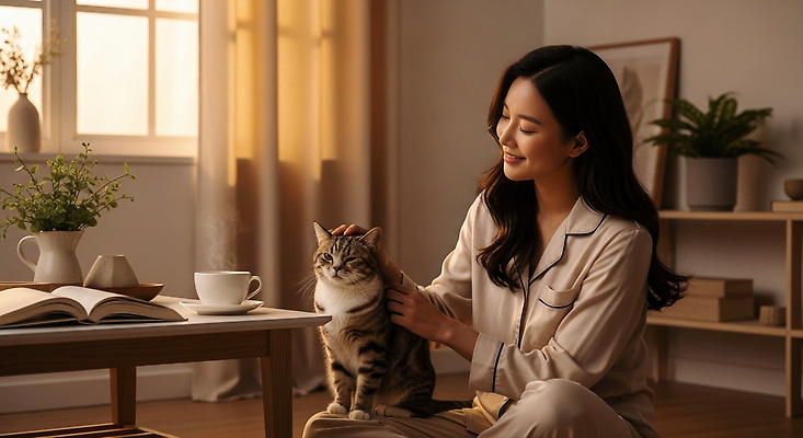 JPG 식물 편집이미지 여자 커피 탁자 아침 일상 햇빛 평화 고양이 방 마시기 분위기 편안함 순간 의료성형뷰티 쓰다듬기 편집실사 AI인물포토 AI콘텐츠 주간 음료 가구 컨셉 포유류 모션 사람 라이프 반려동물 태양 감각 CG 파일형식 AI포토
