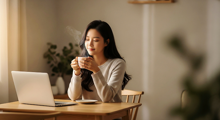 JPG 편집이미지 여자 커피 탁자 일상 노트북 햇빛 작업 수증기 편안함 집중 명상 의료성형뷰티 차분 편집실사 AI인물포토 AI콘텐츠 음료 가구 컨셉 사람 라이프 전자제품 태양 감각 CG 파일형식 AI포토