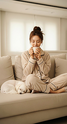 JPG 편집이미지 여자 반려견 아침 집안 휴식 실내 일상 소파 평화 편안함 차마시기 의료성형뷰티 안락 편집실사 AI인물포토 AI콘텐츠 주간 컨셉 의자 사람 내부 라이프 반려동물 마시기 감각 개 CG 파일형식 AI포토