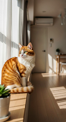 JPG 동물 편집이미지 조명 주택 털 일상 반려동물 햇빛 평화 주황색 고양이 편안함 창가 나무바닥 편집실사 AI인물포토 AI콘텐츠 컬러 컨셉 창문 포유류 바닥 건물 라이프 태양 감각 CG 파일형식 AI포토