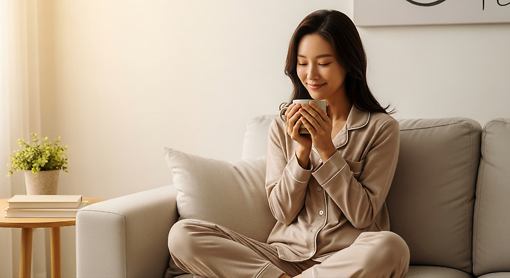 JPG 편집이미지 여자 음료 아침 휴식 주택 미소 소파 평화 방 편안함 일과 오후 의료성형뷰티 편집실사 AI인물포토 AI콘텐츠 주간 컨셉 의자 표정 사람 건물 감각 CG 파일형식 AI포토