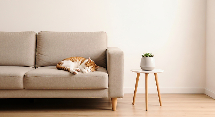 JPG 편집이미지 화분 거실 탁자 휴식 주택 반려동물 인테리어 소파 주황색 고양이 공간 잠 편안함 모던 거주 편집실사 AI인물포토 AI콘텐츠 동물 디자인 컬러 가구 컨셉 의자 포유류 건물 감각 CG 파일형식 AI포토