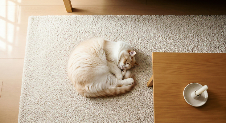 JPG 주간 동물 편집이미지 휴식 주택 귀여움 고양이 카펫 방 잠 편안함 부드러움 웅크림 편집실사 AI인물포토 AI콘텐츠 자연요소 컨셉 포유류 모션 건물 반려동물 감각 CG 파일형식 AI포토