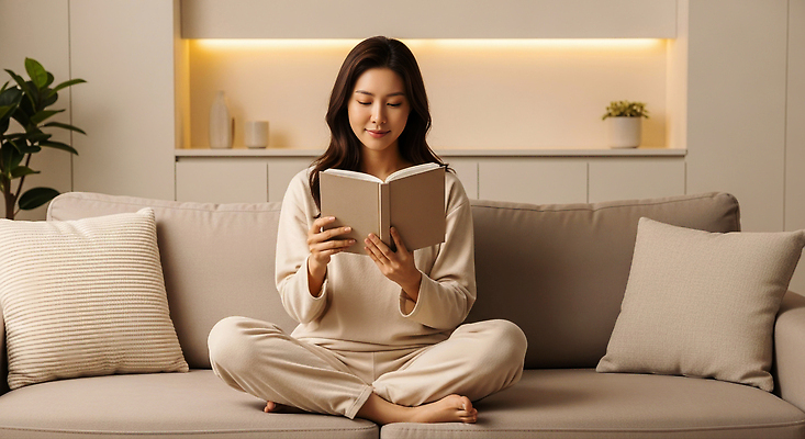 JPG 편집이미지 여자 거실 휴식 조명 실내 취미 책 소파 독서 평화 편안함 즐거움 오후 의료성형뷰티 편집실사 AI인물포토 AI콘텐츠 감정 컨셉 의자 사람 내부 감각 CG 파일형식 AI포토