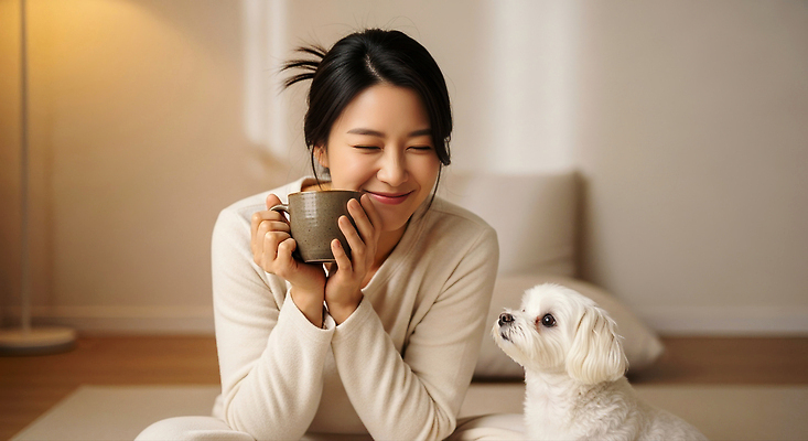 JPG 편집이미지 여자 행복 휴식 조명 주택 따뜻함 대화 생활 반려동물 시간 강아지 편안함 의료성형뷰티 편집실사 AI인물포토 AI콘텐츠 동물 감정 컨셉 말하기 사람 건물 감각 개 CG 파일형식 AI포토