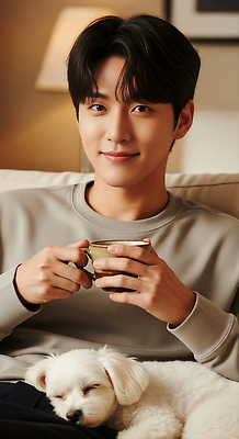 JPG 편집이미지 남자 반려견 거실 휴식 실내 따뜻함 표정 소파 분위기 저녁 편안함 커피잔 의료성형뷰티 편집실사 AI인물포토 AI콘텐츠 커피 컨셉 의자 잔 사람 내부 반려동물 감각 개 야간 CG 파일형식 AI포토