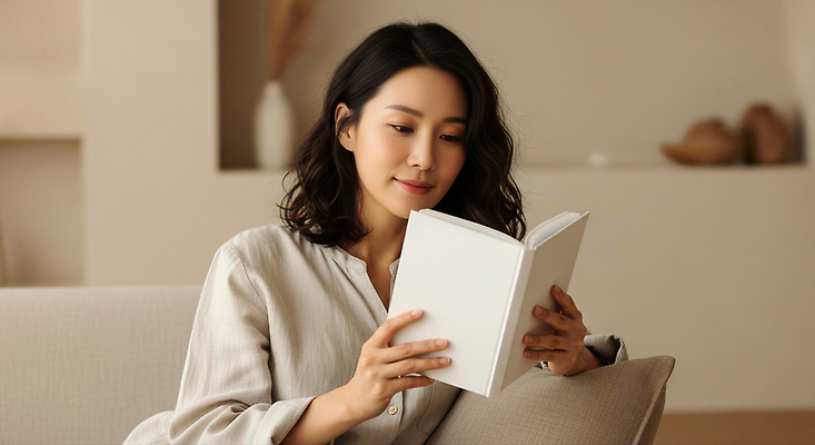 JPG 편집이미지 라이프스타일 여자 여유 생각 거실 휴식 조명 주택 책 소파 독서 분위기 편안함 집중 일과 의료성형뷰티 편집실사 AI인물포토 AI콘텐츠 감정 컨셉 의자 사람 건물 생활 감각 CG 파일형식 AI포토