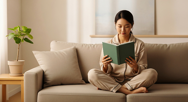 JPG 식물 편집이미지 여자 거실 휴식 실내 일상 책 소파 독서 평화 잠옷 편안함 집중 의료성형뷰티 편집실사 AI인물포토 AI콘텐츠 옷 컨셉 의자 사람 내부 라이프 감각 CG 파일형식 AI포토