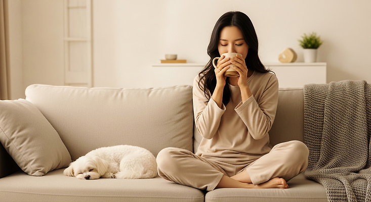 JPG 편집이미지 여자 반려견 여유 커피 휴식 주택 실내 소파 강아지 편안함 의료성형뷰티 편집실사 AI인물포토 AI콘텐츠 감정 음료 컨셉 의자 사람 내부 건물 반려동물 감각 개 CG 파일형식 AI포토