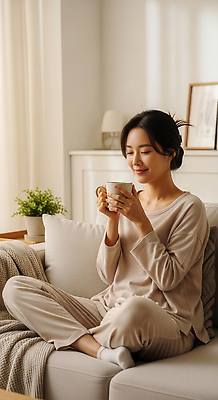JPG 편집이미지 여자 여유 커피 거실 휴식 따뜻함 웃음 일상 인테리어 소파 편안함 주말 혼자 의료성형뷰티 편집실사 AI인물포토 AI콘텐츠 디자인 감정 음료 컨셉 의자 표정 사람 라이프 감각 CG 파일형식 AI포토