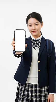 JPG 편집이미지 학생 손 옷 여학생 교육 교복 포즈 백그라운드 청소년 기술 미소 스마트폰 카메라 자신감 의료성형뷰티 편집실사 AI인물포토 AI콘텐츠 여자 감정 표정 사람 신체부위 전자제품 핸드폰 스마트기기 CG 파일형식 AI포토