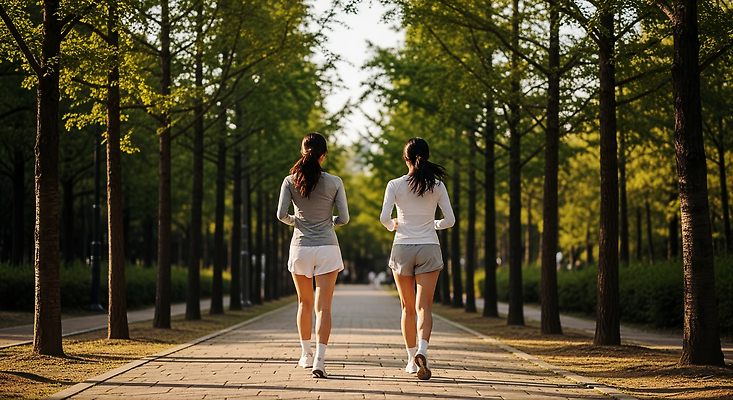 JPG 나무 편집이미지 공원 여자 러닝셔츠 모션 자연 아침 건강 대화 여름 친구 달리기 조깅 운동 햇빛 산책로 러닝 의료성형뷰티 편집실사 AI인물포토 AI콘텐츠 주간 식물 계절 공공시설 길 셔츠 관계 말하기 사람 태양 CG 생태계 파일형식 AI포토