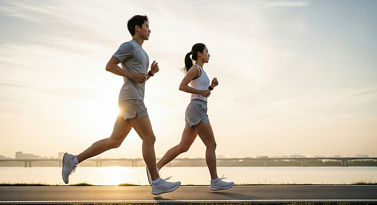 JPG 편집이미지 라이프스타일 여자 남자 모션 건강 야외 운동복 달리기 조깅 운동 태양 강가 연습 러닝 오후 의료성형뷰티 편집실사 AI인물포토 AI콘텐츠 자연요소 옷 사람 생활 강 CG 파일형식 AI포토