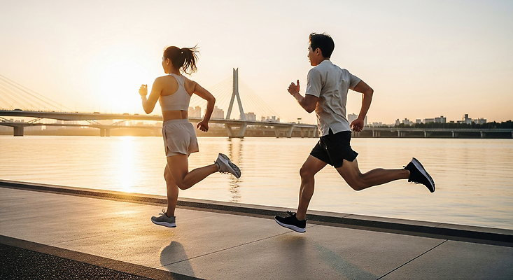 JPG 편집이미지 라이프스타일 커플 운동화 자연 아침 거리 건강 달리기 조깅 운동 햇빛 활발 강가 연습 러닝 의료성형뷰티 편집실사 AI인물포토 AI콘텐츠 주간 신발 컨셉 관계 모션 생활 강 태양 CG 생태계 파일형식 AI포토