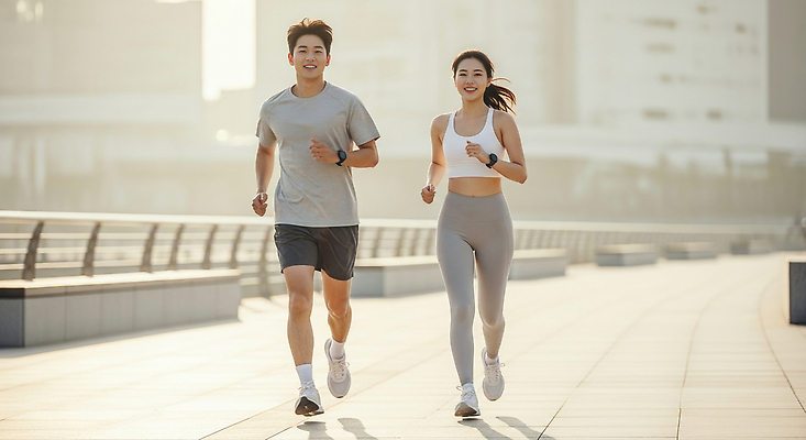 JPG 편집이미지 여자 남자 러닝셔츠 모션 아침 거리 건강 운동복 달리기 조깅 운동 태양 도심 즐거움 러닝 의료성형뷰티 편집실사 AI인물포토 AI콘텐츠 주간 자연요소 옷 감정 셔츠 사람 도시 CG 파일형식 AI포토
