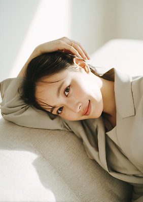 JPG 편집이미지 여자 감정 포즈 실내 따뜻함 표정 미소 소파 머리 방 분위기 편안함 피부 의료성형뷰티 스타일 편집실사 AI인물포토 AI콘텐츠 컨셉 의자 사람 내부 신체부위 감각 CG 파일형식 AI포토