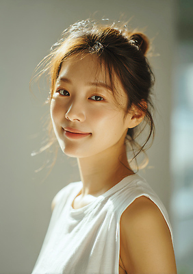 JPG 편집이미지 여자 행복 얼굴 포즈 미소 빛 청춘 카메라 매력적 편안함 부드러움 뷰티풀 순간 의료성형뷰티 편집실사 AI인물포토 AI콘텐츠 감정 컨셉 표정 사람 신체부위 전자제품 감각 CG 파일형식 AI포토