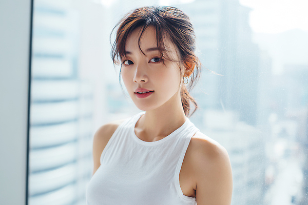 JPG 모델 편집이미지 헤어스타일 여자 패션 미소 화장 뷰티 카메라 고층빌딩 도시 창가 모던 의료성형뷰티 편집실사 AI인물포토 AI콘텐츠 창문 표정 사람 빌딩 전자제품 CG 파일형식 AI포토