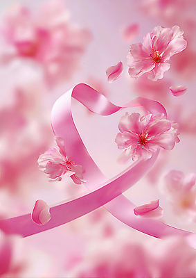 JPG 편집이미지 디자인 꽃 리본 상징 분홍색 백그라운드 자연 사랑 장식 축제 봄 벚꽃 부드러움 뷰티풀 편집실사 AI컴퓨터그래픽 AI콘텐츠 식물 계절 감정 컬러 감각 CG 생태계 파일형식