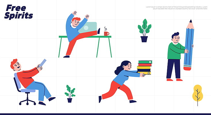 식물 의자 일러스트 모션 탁자 협력 색연필 아이디어 대화 웃음 사람 책 컴퓨터 사무실 공간 자유 업무 작업 창의성 국내일러스트 AI파일 가구 컨셉 비즈니스 학용품 표정 말하기 전자제품 파일형식 벡터