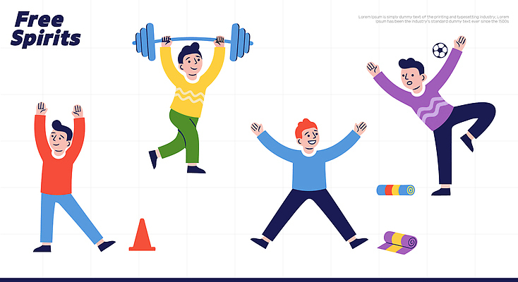 캐릭터 스포츠 일러스트 요가 모션 협력 건강 운동 헬스 축구 스트레칭 힘 에너지 자유 몸무게 웨이트트레이닝 즐거움 유산소운동 국내일러스트 AI파일 웰빙 감정 컨셉 구기 파일형식 벡터