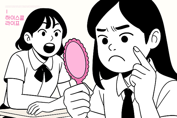 여자 감정 일러스트 교실 청소년 고등학생 표정 이야기 사람 소녀 친구 학습 스쿨라이프 거울 관찰 고민 소통 상호작용 국내일러스트 AI파일 학생 라이프스타일 교육 어린이 컨셉 학교 관계 모션 파일형식 벡터