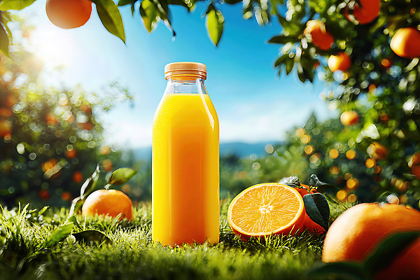 JPG 편집이미지 음료 과일 자연 유리병 풍경 여름 햇빛 노란색 주스 신선 과수원 과일나무 비타민 이미지편집 AI컴퓨터그래픽 AI콘텐츠 나무 계절 컬러 농업 병_용기 태양 생태계 영양소 파일형식