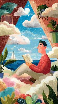 JPG 식물 남자 여유 예술 바다 일러스트 창문 자연 휴식 실내 풍경 해변 책 소파 독서 평화 편안함 그림 클라우드서비스 국내일러스트 AI일러스트 AI콘텐츠 감정 컨셉 의자 사람 내부 감각 서비스 생태계 파일형식