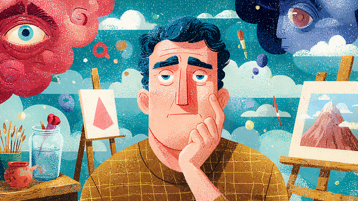 JPG 손 남자 감정 예술 컬러 생각 일러스트 상상 도구 표현 작업실 고민 그림 작품 화가 영감 창의성 혼란 국내일러스트 AI일러스트 AI콘텐츠 직업 컨셉 미술 사람 신체부위 파일형식