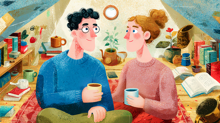 JPG 식물 커플 행복 예술 데이트 일러스트 실내 따뜻함 대화 사랑 일상 생활 책 우정 공간 카페 시간 편안함 그림 국내일러스트 AI일러스트 AI콘텐츠 감정 관계 말하기 내부 라이프 친구 상점 감각 파일형식