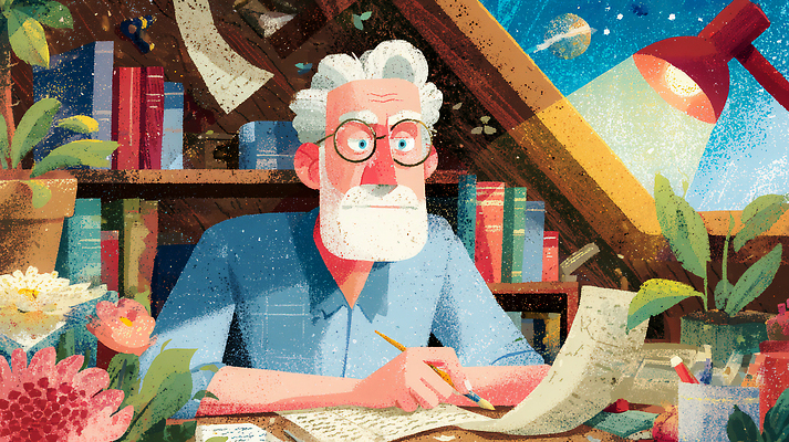 JPG 할아버지 꽃 종이 일러스트 창문 자연 집안 휴식 조명 책 기록 분위기 편안함 스케치 집중 책상 다락방 창의성 안락 국내일러스트 AI일러스트 AI콘텐츠 식물 노년 남자 가구 컨셉 실내 미술 감각 생태계 파일형식