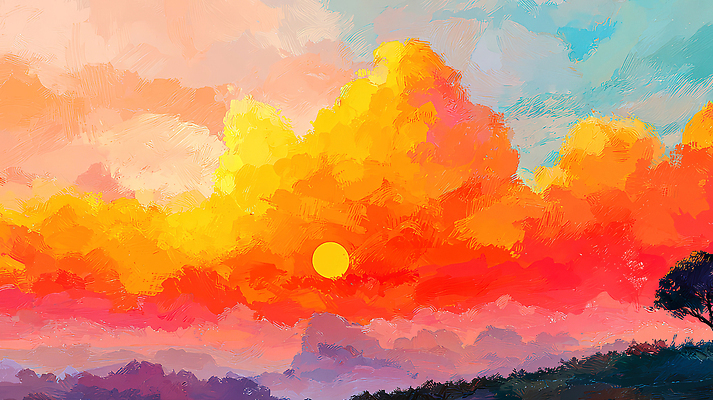 JPG 여유 예술 컬러 일러스트 자연 하늘 풍경 태양 일몰 감상 감각 저녁 그림 뷰티풀 국내일러스트 AI일러스트 AI콘텐츠 자연요소 감정 노을 야간 생태계 파일형식