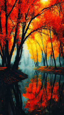 자연요소 식물 계절 컨셉 잎 휴식 강 생태계 파일형식 AI콘텐츠 단풍 숲 나무 물 풍경 평화 자연 컬러 반사 뷰티풀 환경 산책 여행 개울 일러스트 국내일러스트 JPG 가을 AI일러스트