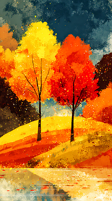 JPG 나무 감정 예술 컬러 단풍 일러스트 자연 휴식 따뜻함 풍경 빨간색 햇빛 소풍 노란색 평화 산책 가을 언덕 그림 조화 뷰티풀 국내일러스트 AI일러스트 AI콘텐츠 식물 계절 컨셉 잎 태양 야외활동 생태계 파일형식