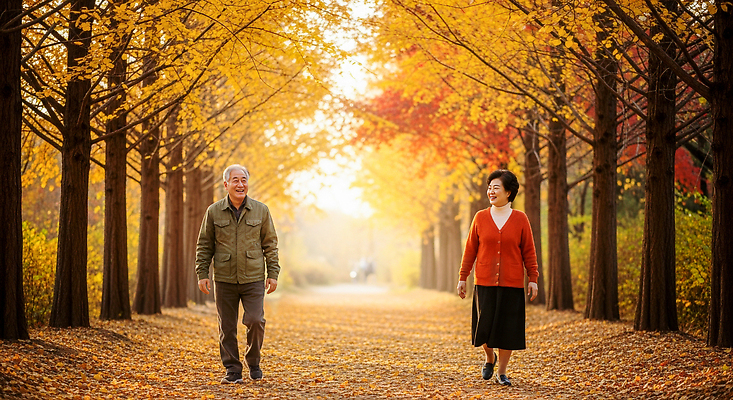 JPG 나무 편집이미지 공원 행복 길 단풍 자연 대화 사랑 평화 노부부 산책 산책로 가을 오후 의료성형뷰티 편집실사 AI인물포토 AI콘텐츠 식물 부부 계절 공공시설 감정 컨셉 잎 휴식 말하기 CG 생태계 파일형식 AI포토