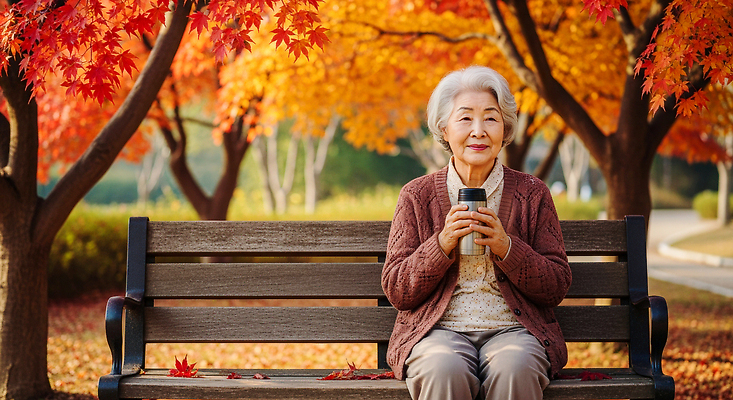 JPG 나무 편집이미지 공원 행복 여유 음료 단풍 벤치 자연 미소 풍경 평화 가을 보온컵 오후 의료성형뷰티 편집실사 AI인물포토 AI콘텐츠 식물 계절 공공시설 감정 컨셉 잎 의자 표정 CG 생태계 파일형식 AI포토