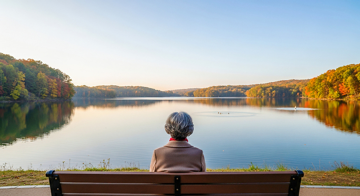 JPG 편집이미지 사계절 노년 감정 호수 벤치 자연 풍경 햇빛 평화 고요 감상 가을 물가 힐링 의료성형뷰티 편집실사 AI인물포토 AI콘텐츠 계절 컨셉 의자 성인 태양 CG 생태계 파일형식 AI포토