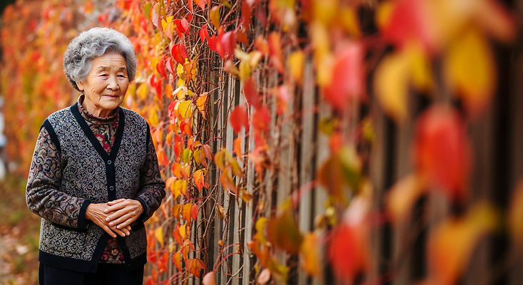 JPG 편집이미지 전통 노년 벽 단풍 자연 따뜻함 미소 풍경 평화 정원 고요 가을 뷰티풀 색감 오후 의료성형뷰티 편집실사 AI인물포토 AI콘텐츠 계절 컨셉 잎 표정 성인 CG 생태계 파일형식 AI포토