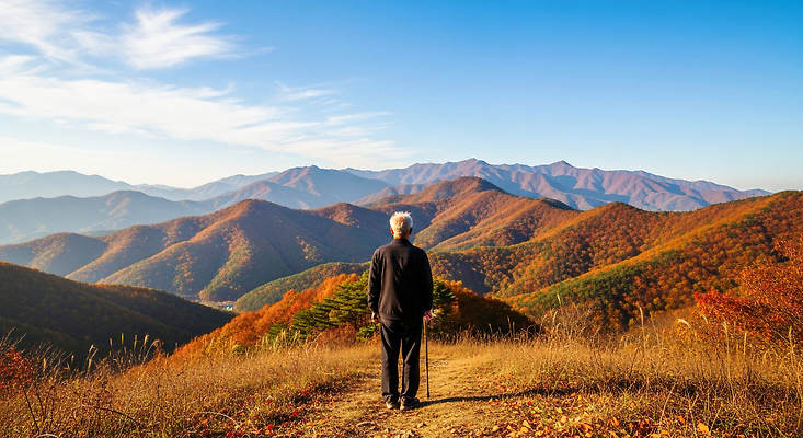 JPG 편집이미지 노년 자연 하늘 산 풍경 노란색 걷기 주황색 고요 감상 가을 산길 뷰티풀 의료성형뷰티 편집실사 AI인물포토 AI콘텐츠 계절 길 컬러 모션 성인 CG 생태계 파일형식 AI포토