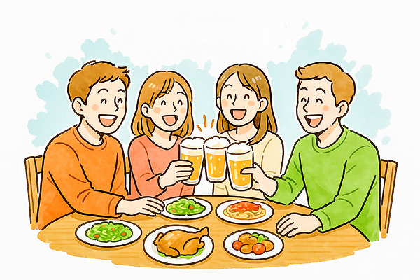 JPG 음료 음식 일러스트 식탁 탁자 디저트 잔 기념 맥주 파스타 대화 웃음 친구 식사 치킨 샐러드 모임 만남 저녁 즐거움 소통 국내일러스트 AI일러스트 AI콘텐츠 식기 감정 가구 컨셉 관계 주류 서양음식 표정 말하기 야간 닭고기요리 파일형식