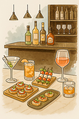JPG 음료 일러스트 탁자 친구 파티 과자 와인 식사 칵테일 바 분위기 애피타이저 저녁 샴페인 레몬 안주 올리브 국내일러스트 AI일러스트 AI콘텐츠 열매 음식 가구 컨셉 과일 관계 디저트 주류 이벤트 야간 파일형식