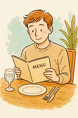 JPG 접시 남자 음료 음식 포크 일러스트 탁자 앉기 식당 레스토랑 식사 대기 나이프 선택 물컵 메뉴 메뉴판 식사준비 국내일러스트 AI일러스트 AI콘텐츠 식기 가구 컨셉 모션 사람 컵 상점 칼 준비 파일형식