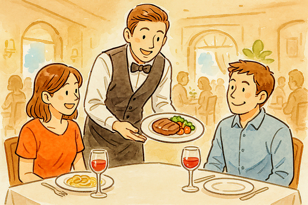 JPG 커플 여자 남자 음식 일러스트 탁자 대화 스테이크 요리 레스토랑 와인 식사 저녁식사 분위기 맛 웨이터 고객 서비스 서빙 국내일러스트 AI일러스트 AI콘텐츠 직업 가구 컨셉 관계 주류 서양음식 말하기 사람 식당 파일형식